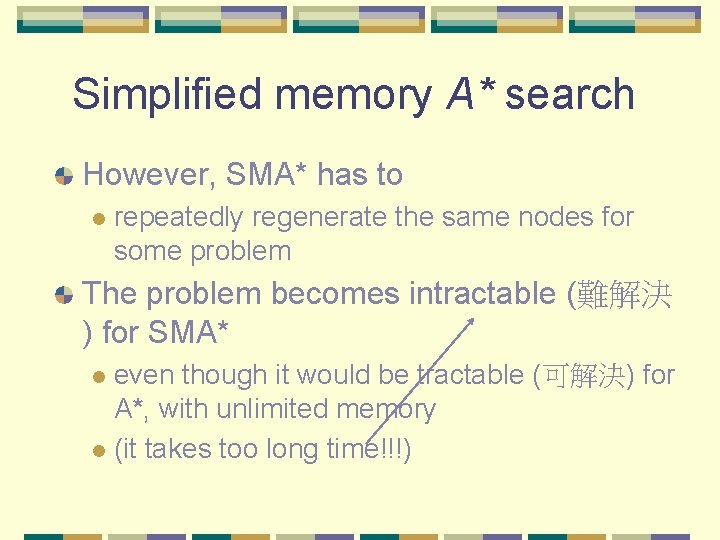 Simplified memory A* search However, SMA* has to l repeatedly regenerate the same nodes