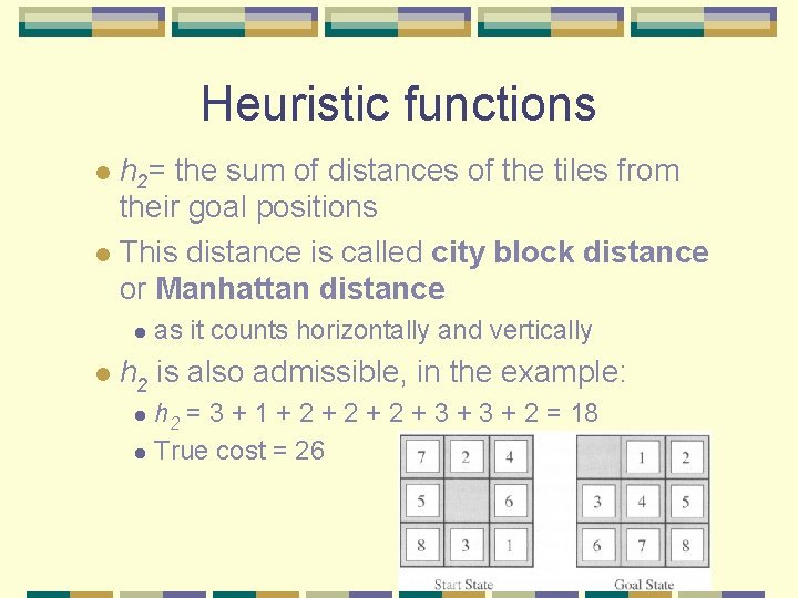 Heuristic functions h 2= the sum of distances of the tiles from their goal