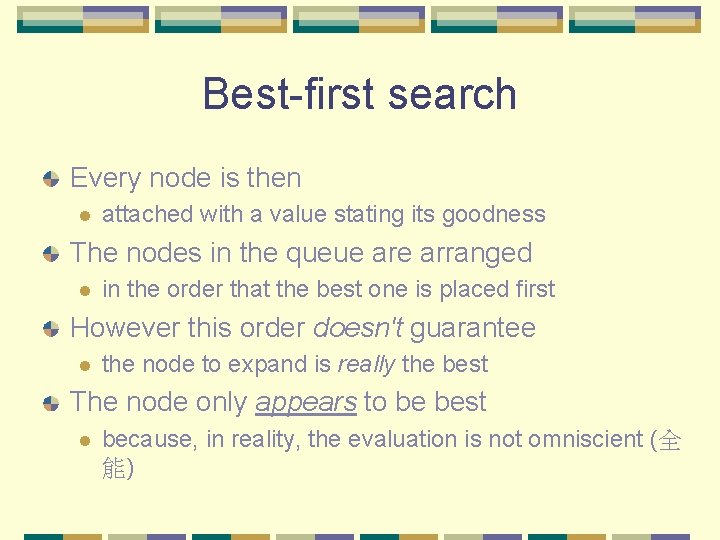 Best-first search Every node is then l attached with a value stating its goodness