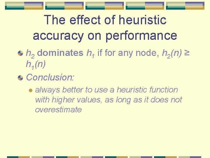 The effect of heuristic accuracy on performance h 2 dominates h 1 if for