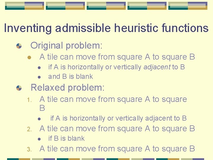 Inventing admissible heuristic functions Original problem: l A tile can move from square A