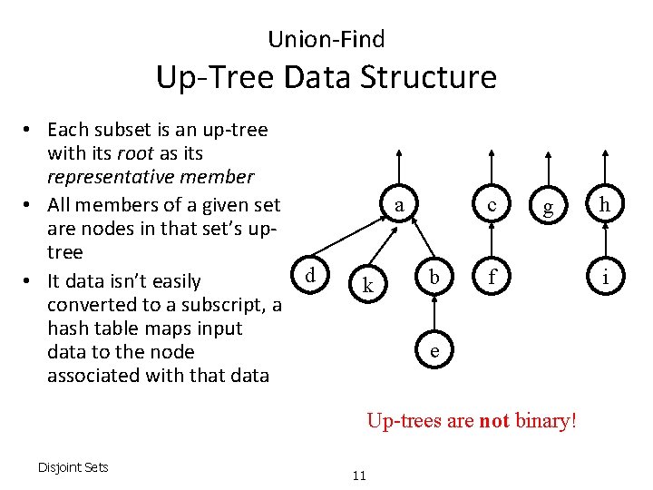 Union-Find Up-Tree Data Structure • Each subset is an up-tree with its root as