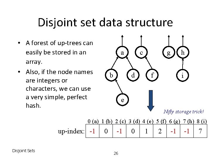 Disjoint set data structure • A forest of up-trees can easily be stored in