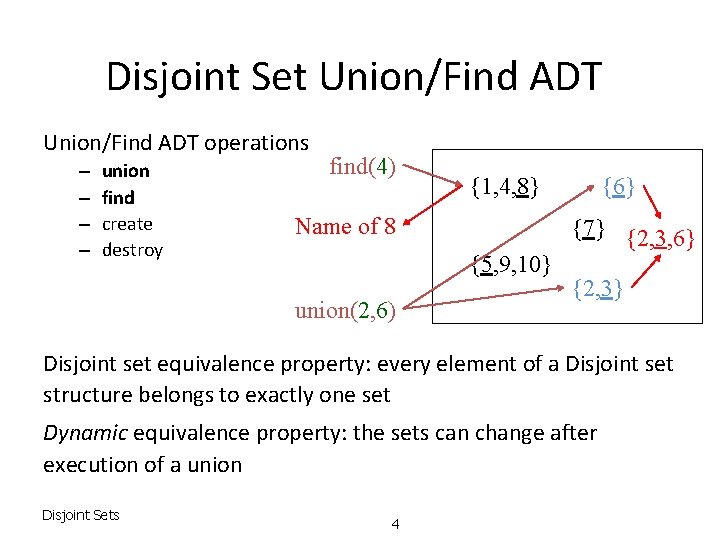Disjoint Set Union/Find ADT operations – – union find create destroy find(4) {1, 4,