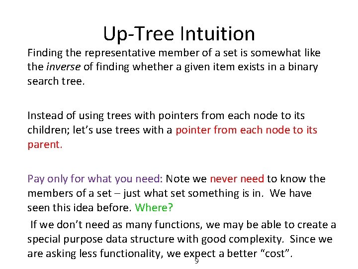 Up-Tree Intuition Finding the representative member of a set is somewhat like the inverse