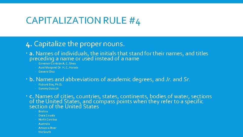 CAPITALIZATION RULE #4 4. Capitalize the proper nouns. a. Names of individuals, the initials CAPITALIZATION RULE #4 4. Capitalize the proper nouns. a. Names of individuals, the initials