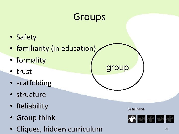 Groups • • • Safety familiarity (in education) formality group trust scaffolding structure Reliability Groups • • • Safety familiarity (in education) formality group trust scaffolding structure Reliability