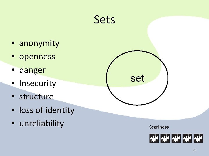 Sets • • anonymity openness danger Insecurity structure loss of identity unreliability set Scariness Sets • • anonymity openness danger Insecurity structure loss of identity unreliability set Scariness