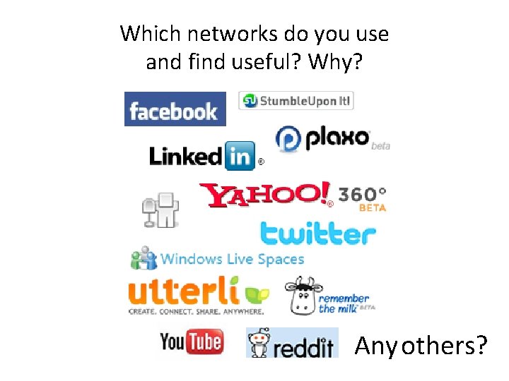 Which networks do you use and find useful? Why? Any others? Which networks do you use and find useful? Why? Any others?