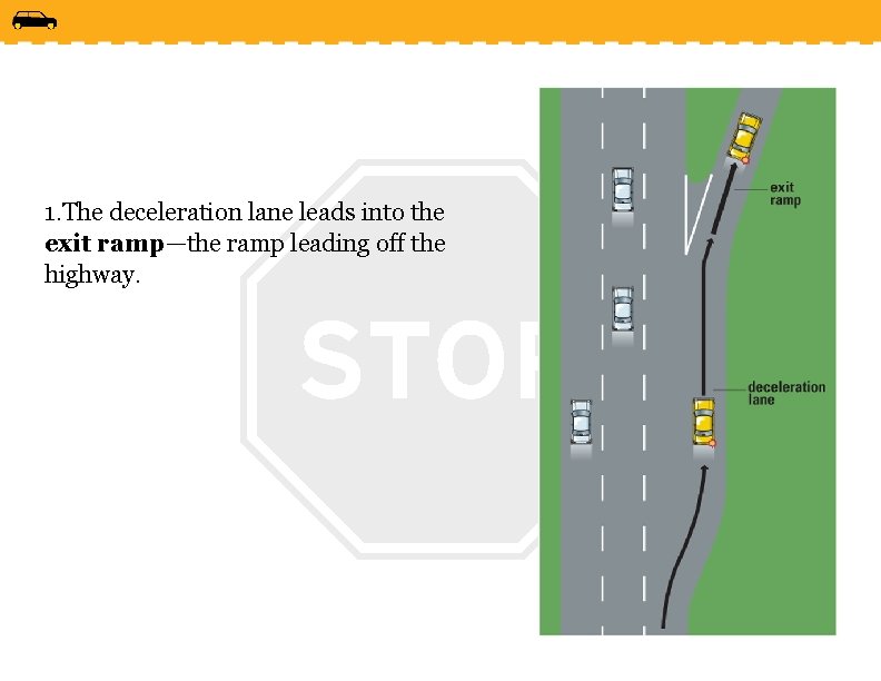 1. The deceleration lane leads into the exit ramp—the ramp leading off the highway.