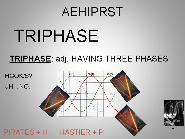 AEHIPRST TRIPHASE: adj. HAVING THREE PHASES HOOK/S? UH…NO. PIRATES + H HASTIER + P