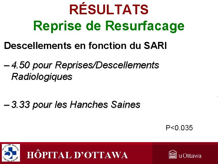 RÉSULTATS Reprise de Resurfacage Descellements en fonction du SARI Surface Arthroplasty Risk Index: – RÉSULTATS Reprise de Resurfacage Descellements en fonction du SARI Surface Arthroplasty Risk Index: –