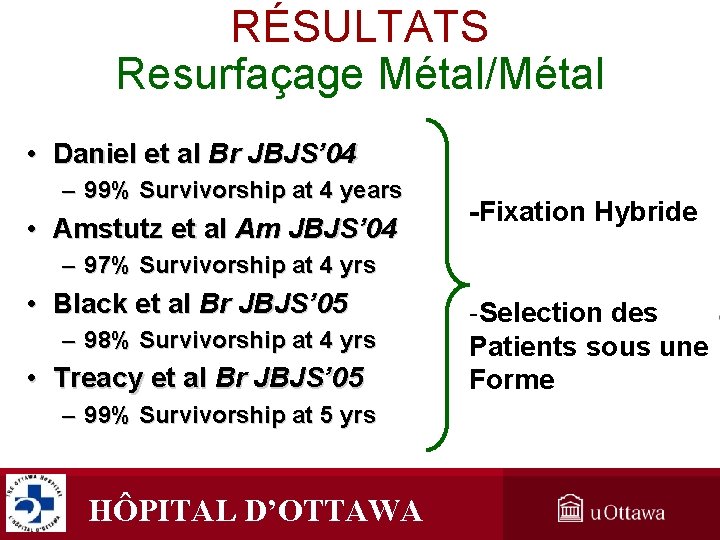 RÉSULTATS Resurfaçage Métal/Métal • Daniel et al Br JBJS’ 04 – 99% Survivorship at RÉSULTATS Resurfaçage Métal/Métal • Daniel et al Br JBJS’ 04 – 99% Survivorship at