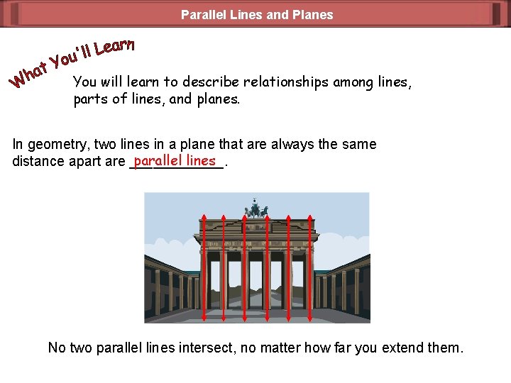 Parallel Lines and Planes You will learn to describe relationships among lines, parts of