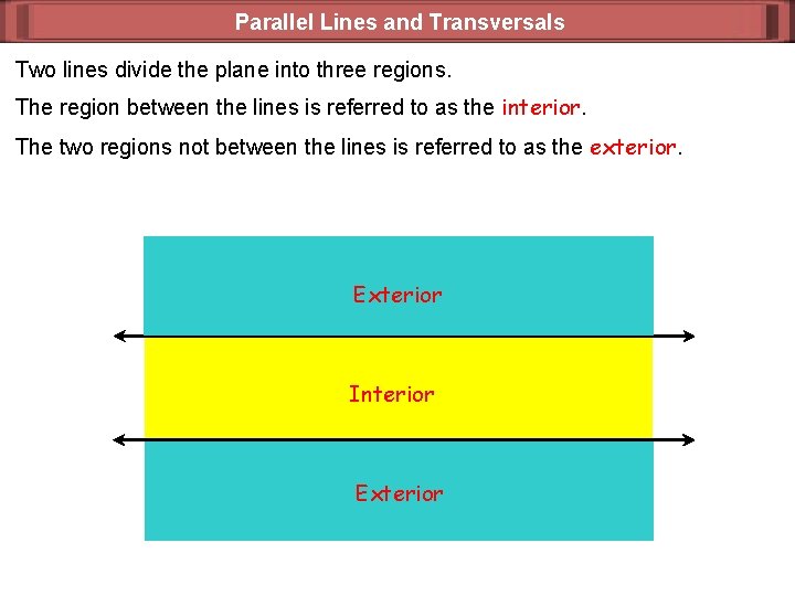 Parallel Lines and Transversals Two lines divide the plane into three regions. The region