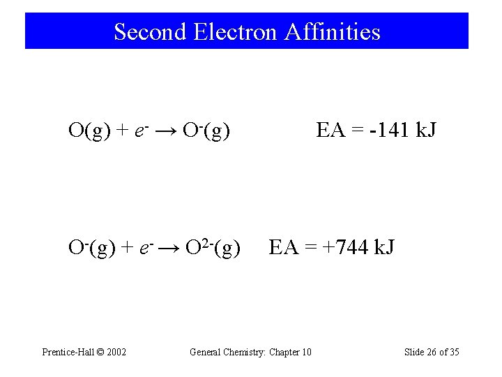 Second Electron Affinities O(g) + e- → O-(g) + e- → O 2 -(g)