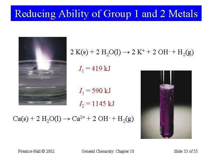 Reducing Ability of Group 1 and 2 Metals 2 K(s) + 2 H 2