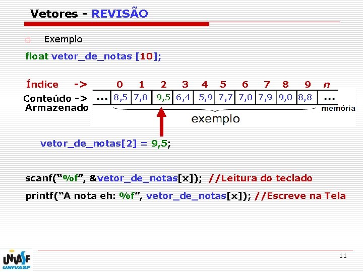 Vetores - REVISÃO o Exemplo float vetor_de_notas [10]; -> Conteúdo -> Índice Armazenado 0