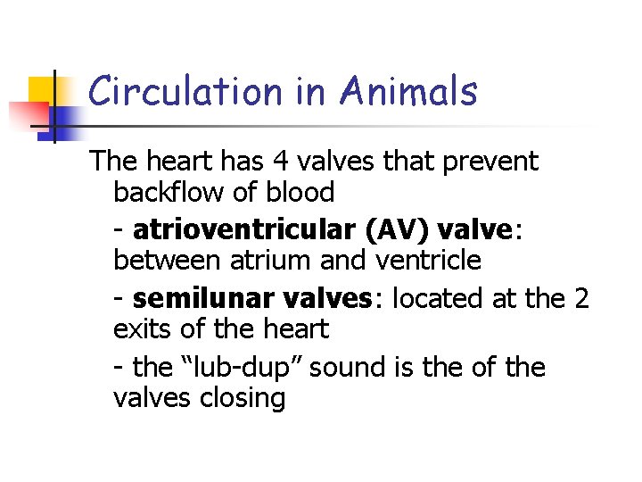 Circulation in Animals The heart has 4 valves that prevent backflow of blood -