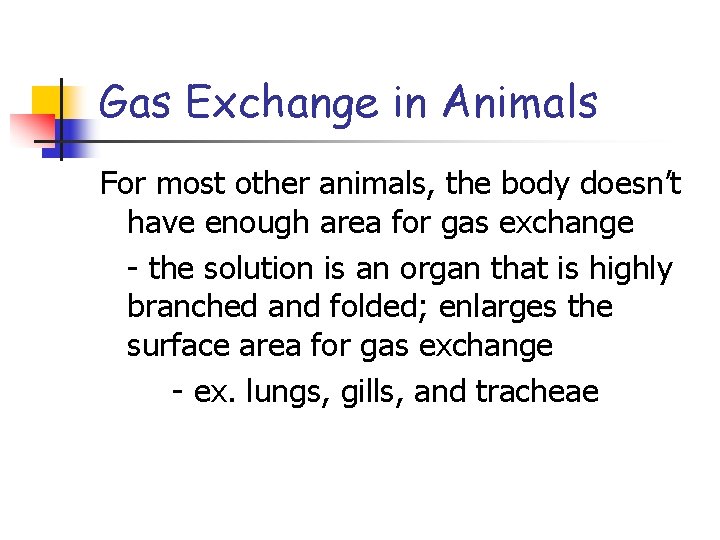 Gas Exchange in Animals For most other animals, the body doesn’t have enough area