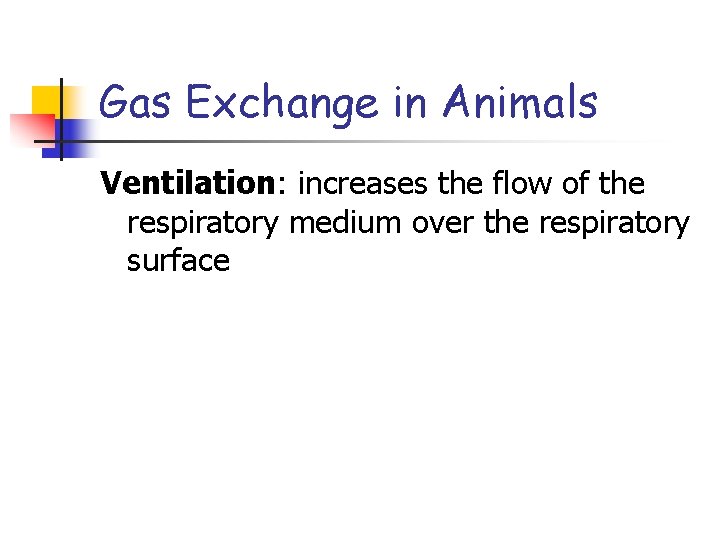 Gas Exchange in Animals Ventilation: increases the flow of the respiratory medium over the