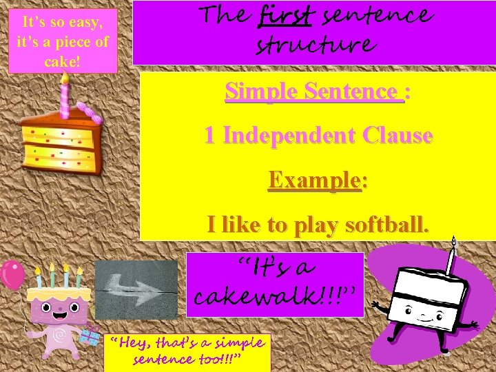 It’s so easy, it’s a piece of cake! The first sentence structure Simple Sentence