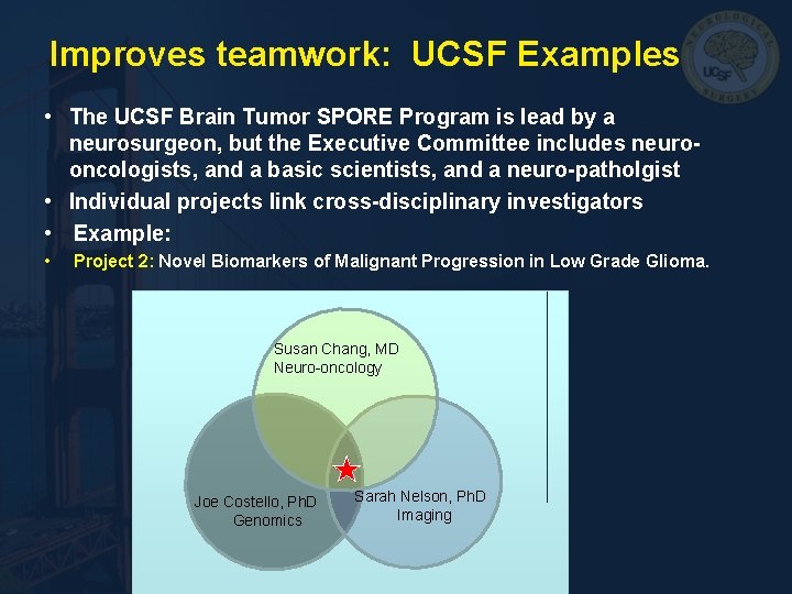 Improves teamwork: UCSF Examples • The UCSF Brain Tumor SPORE Program is lead by Improves teamwork: UCSF Examples • The UCSF Brain Tumor SPORE Program is lead by