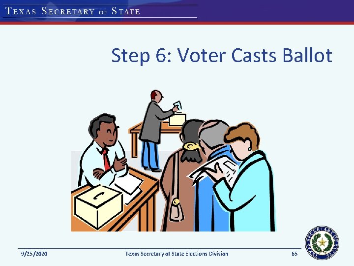 Step 6: Voter Casts Ballot 9/25/2020 Texas Secretary of State Elections Division 65 