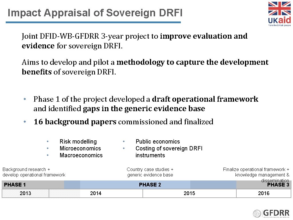 Impact Appraisal of Sovereign DRFI Joint DFID-WB-GFDRR 3 -year project to improve evaluation and