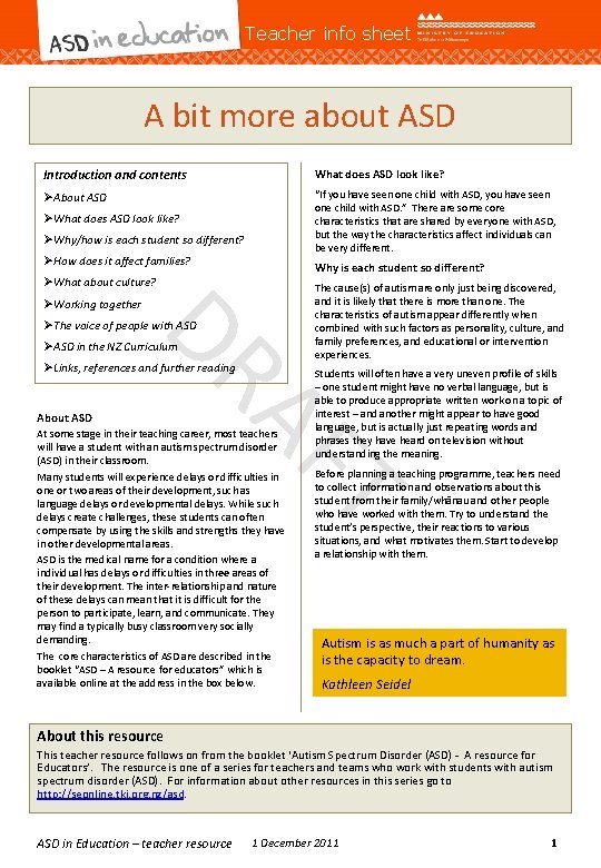 Teacher info sheet A bit more about ASD Introduction and contents What does ASD