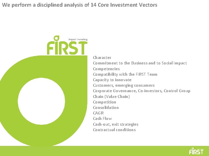 We perform a disciplined analysis of 14 Core Investment Vectors Character Commitment to the