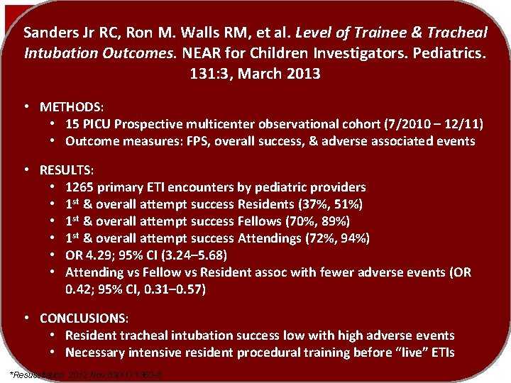 Endotracheal Intubation Sanders Jr RC, Ron M. Walls RM, et al. Level of Trainee