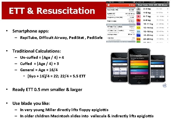 ETT & Resuscitation • Smartphone apps: – Rapi. Tube, Difficult Airway, Pedi. Stat ,