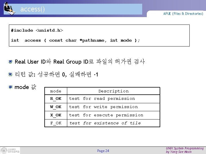 access() APUE (Files & Directories) #include <unistd. h> int access ( const char *pathname,