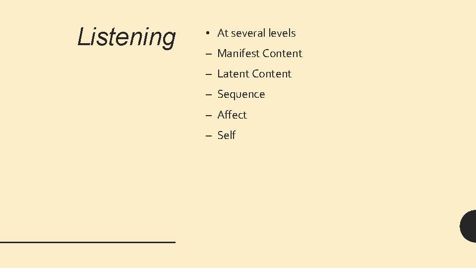 Listening • At several levels – Manifest Content – Latent Content – Sequence –