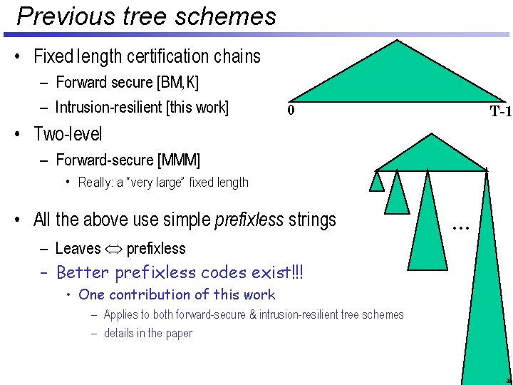 Previous tree schemes • Fixed length certification chains – Forward secure [BM, K] –