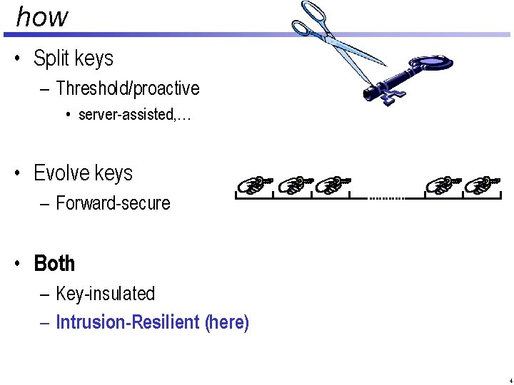 how • Split keys – Threshold/proactive • server-assisted, … • Evolve keys – Forward-secure