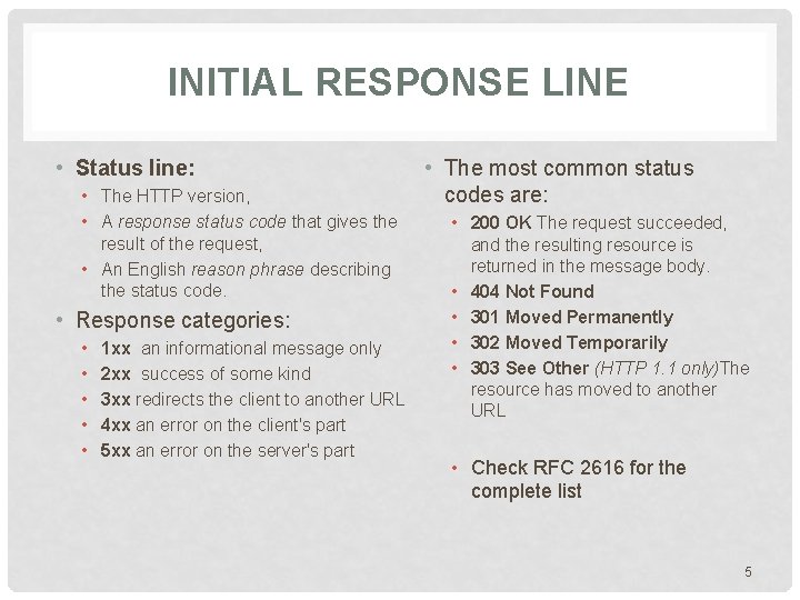 INITIAL RESPONSE LINE • Status line: • The HTTP version, • A response status INITIAL RESPONSE LINE • Status line: • The HTTP version, • A response status