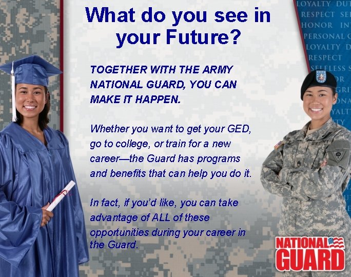 What do you see in your Future? TOGETHER WITH THE ARMY NATIONAL GUARD, YOU