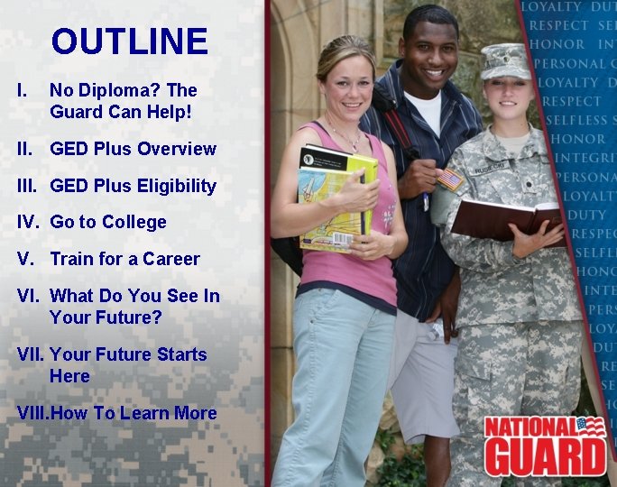 OUTLINE I. No Diploma? The Guard Can Help! II. GED Plus Overview III. GED