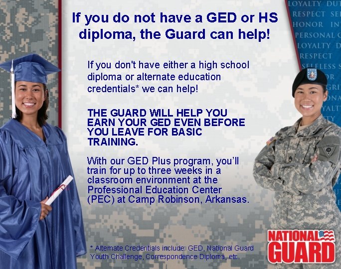 If you do not have a GED or HS diploma, the Guard can help!