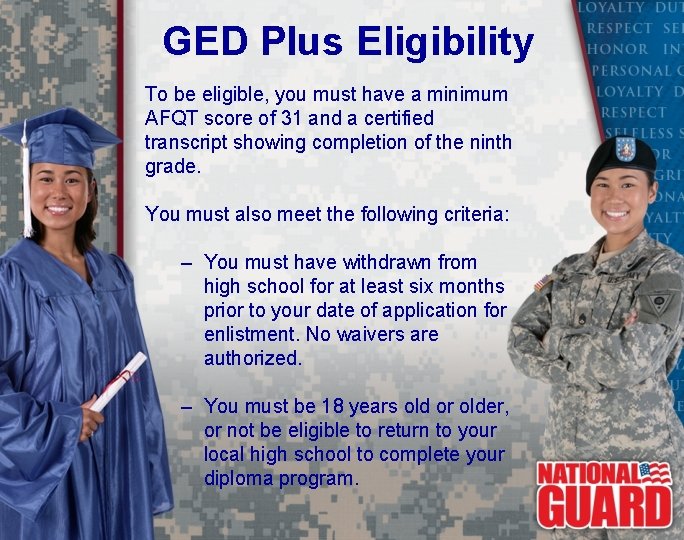 GED Plus Eligibility To be eligible, you must have a minimum AFQT score of