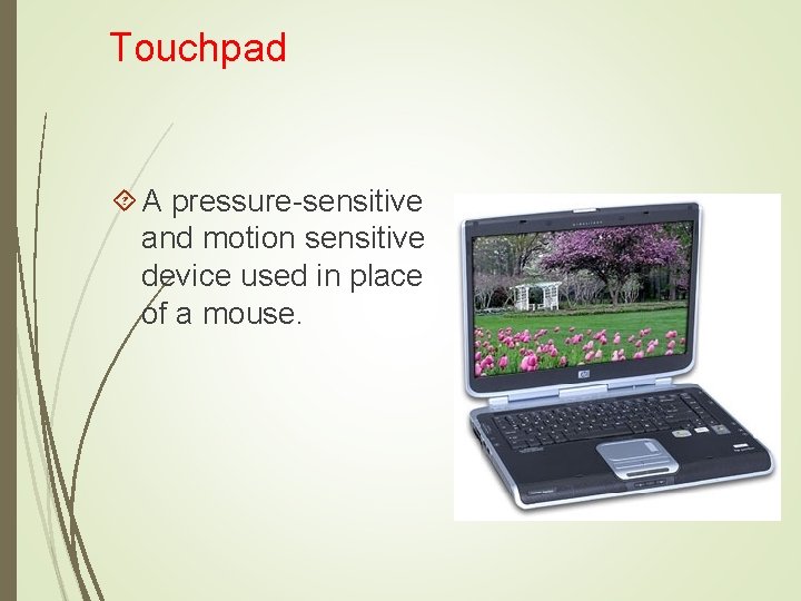 Touchpad A pressure-sensitive and motion sensitive device used in place of a mouse. 
