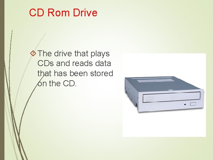 CD Rom Drive The drive that plays CDs and reads data that has been