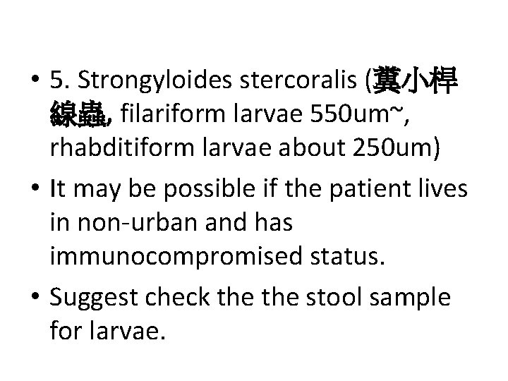  • 5. Strongyloides stercoralis (糞小桿 線蟲, filariform larvae 550 um~, rhabditiform larvae about