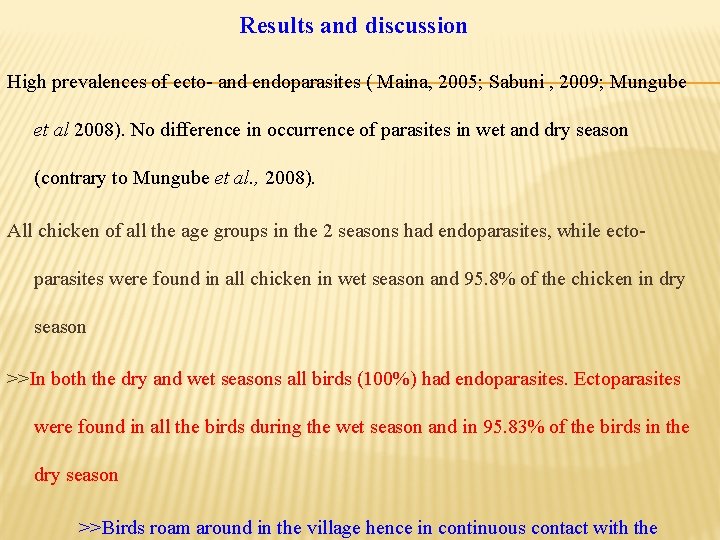 Results and discussion High prevalences of ecto- and endoparasites ( Maina, 2005; Sabuni , Results and discussion High prevalences of ecto- and endoparasites ( Maina, 2005; Sabuni ,