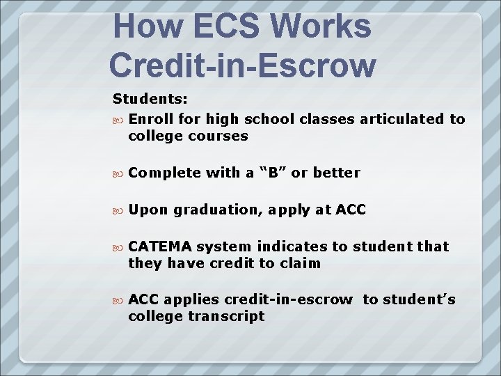 How ECS Works Credit-in-Escrow Students: Enroll for high school classes articulated to college courses
