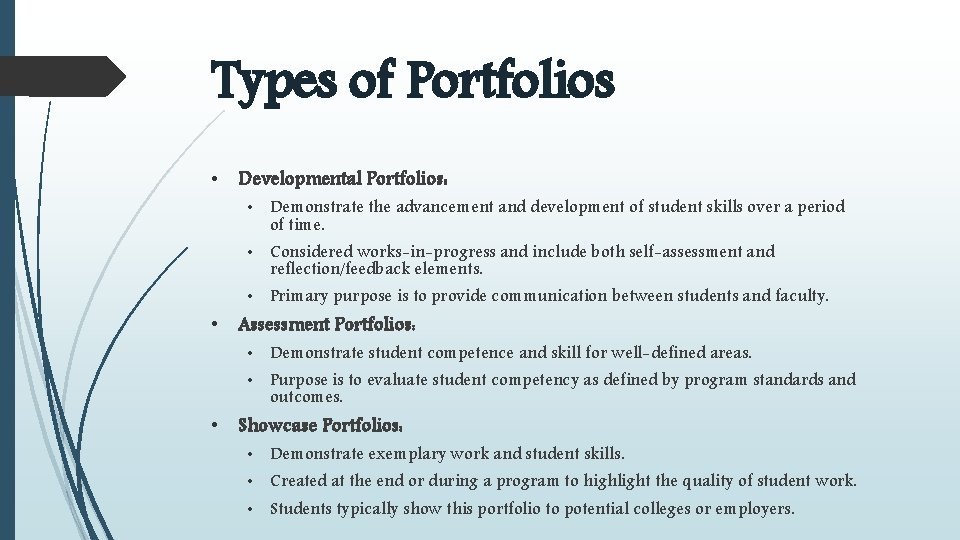 Types of Portfolios • Developmental Portfolios: • Demonstrate the advancement and development of student