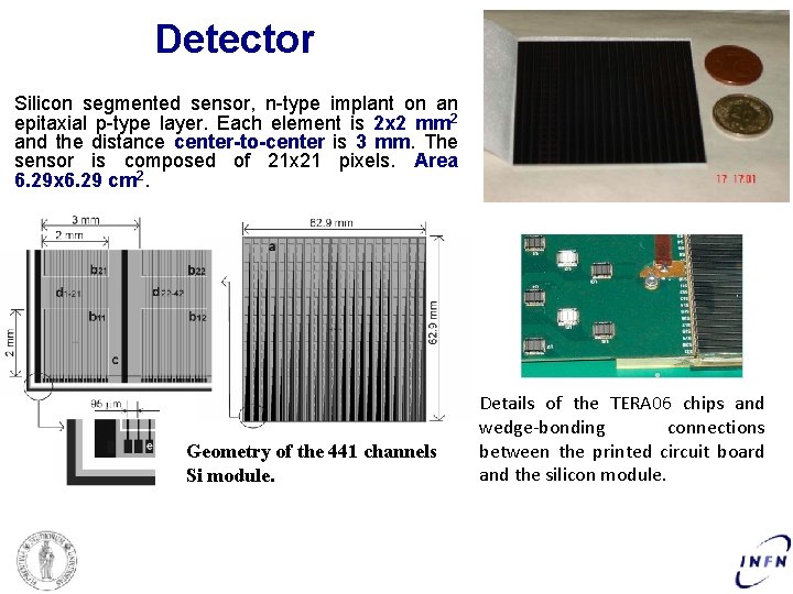 Detector Silicon segmented sensor, n-type implant on an epitaxial p-type layer. Each element is