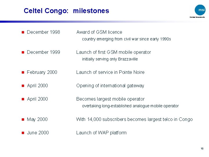 Celtel Congo: milestones n December 1998 Award of GSM licence country emerging from civil